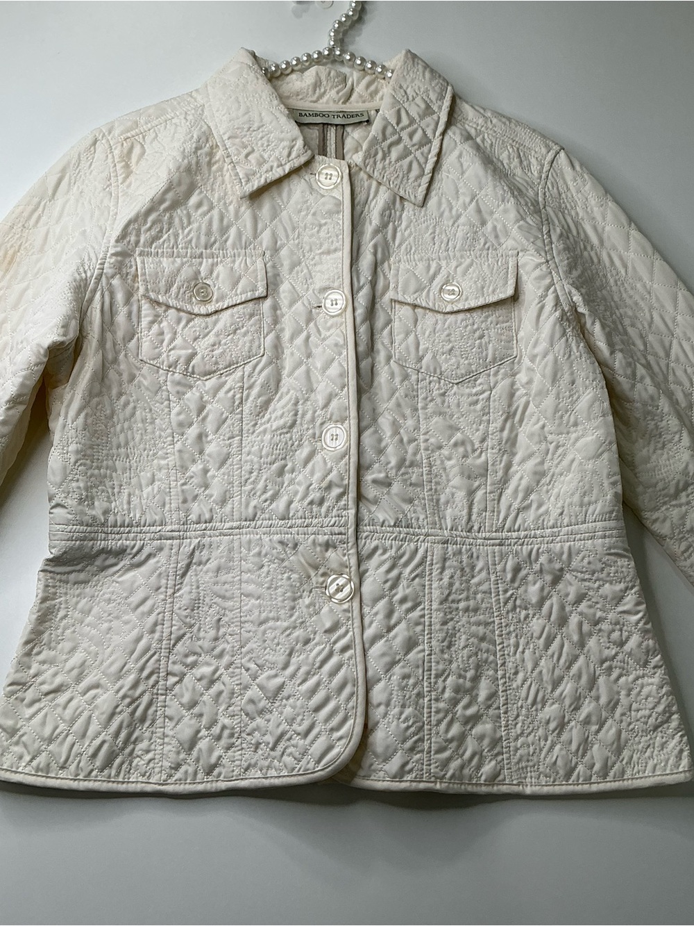 Bamboo Traders Jacket Blazer white ivory quilted embroidered Large Preowned